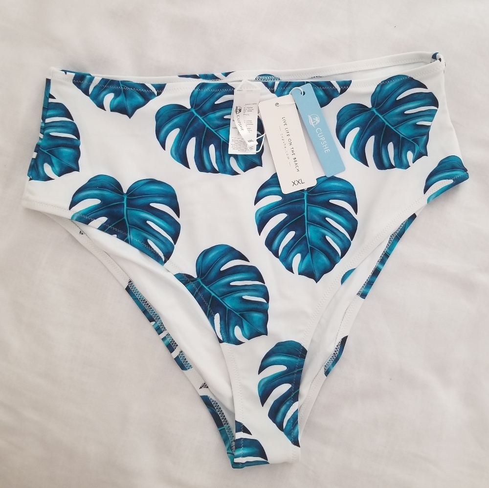 Cupshe Women's High-waist Bikini Bottoms Blue and White Sixe XXL